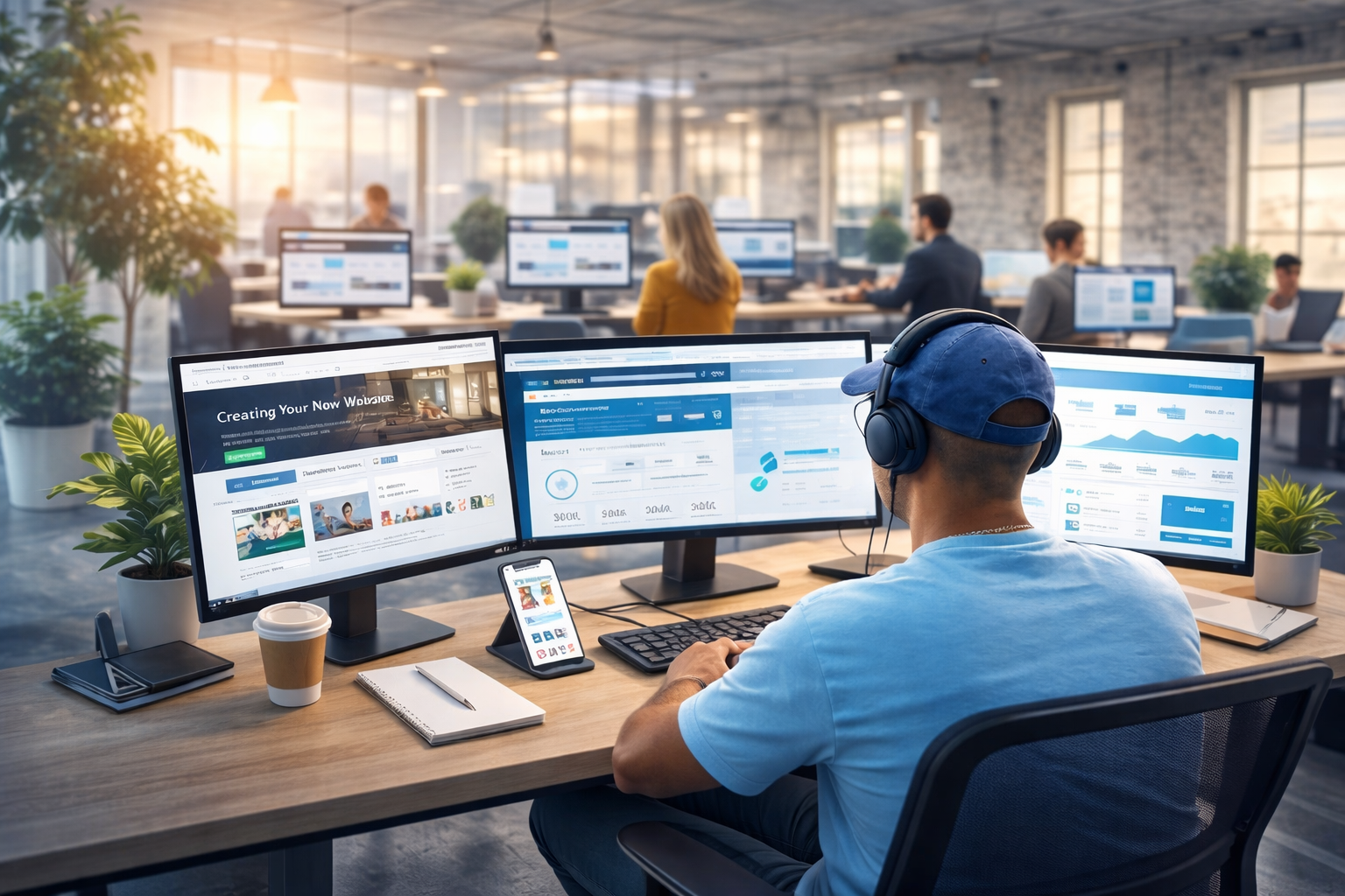 People working in an office with multiple screens on their desktop